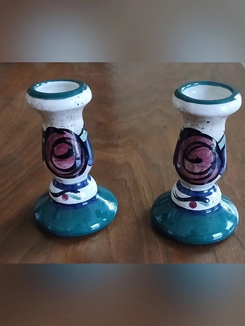 Hand Painted Signed Candle Sticks Holders Flowers Glazed Farmstyle